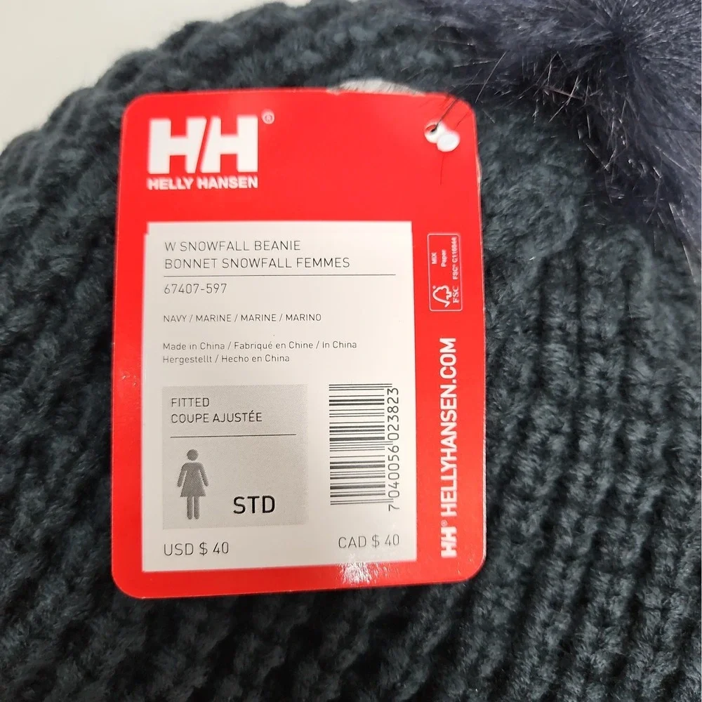 Helly Hansen Womens Dark Blue Snowfall Faux Fur Lined Pom Pom Beanie NWT